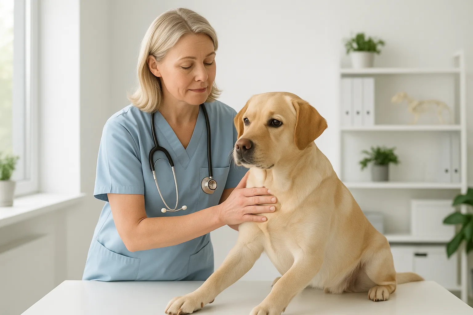 Veterinär undersöker hund i nordisk miljö